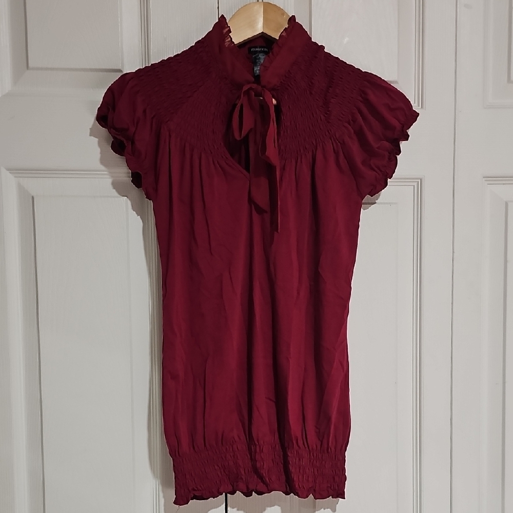 Maurices Red Smocked Puff Sleeve Tie Neck Blouse – Size S